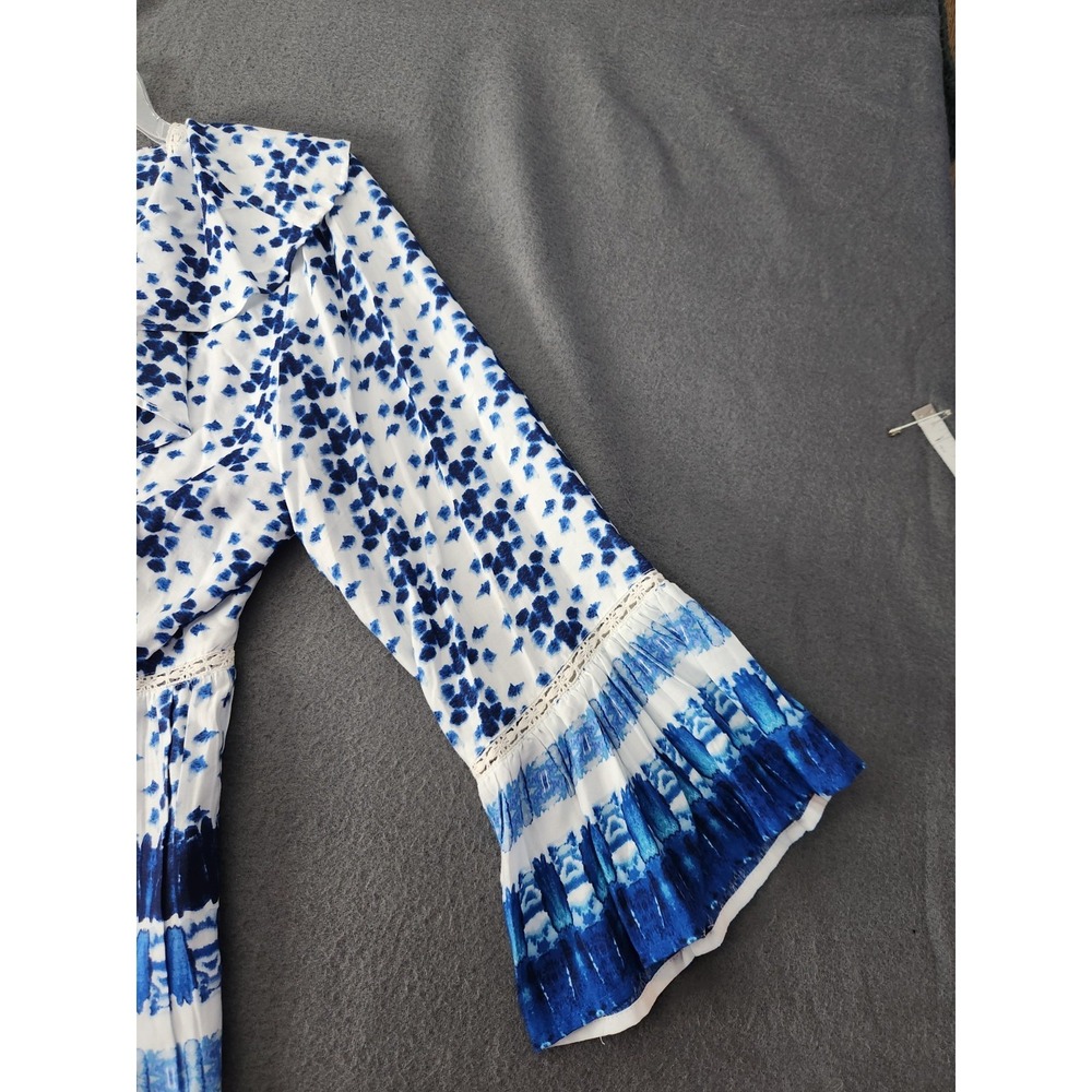 NWOT Angie Tie Front Top Womens Sz L White Blue Bohemian Boho Chic Bell Sleeve - Picture 8 of 10